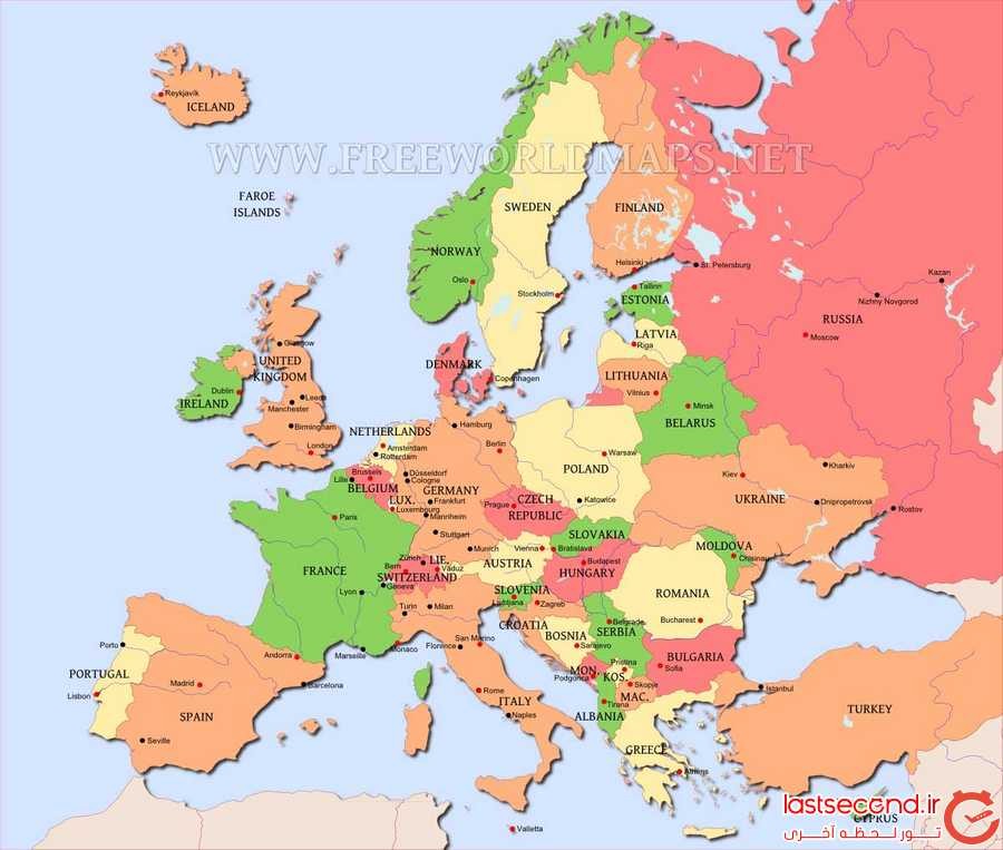  نقشه اروپا و موقعیت کشور پرتغال در این قاره، به عنوان غربی ترین کشور قاره سبز 