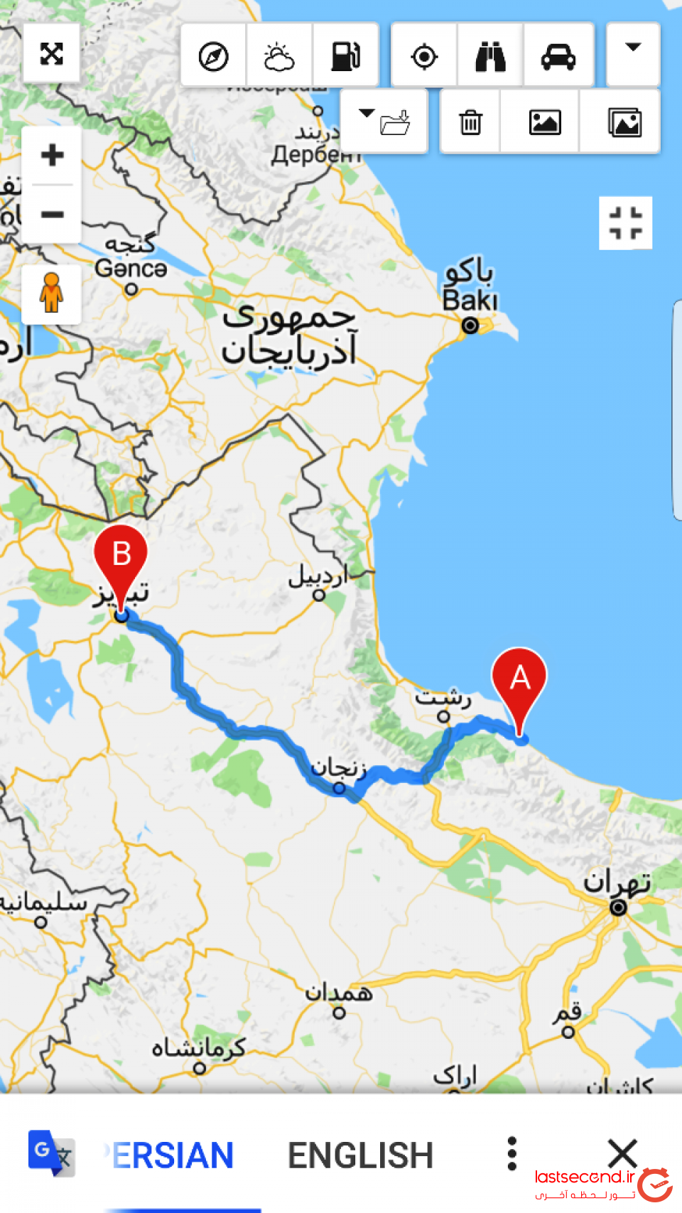 نقشه مسیر کلاچای تا تبریز