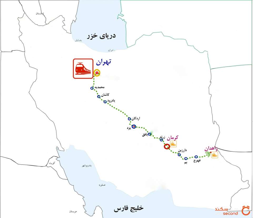 نقشه مسیر راه آهن از تهران به چابهار