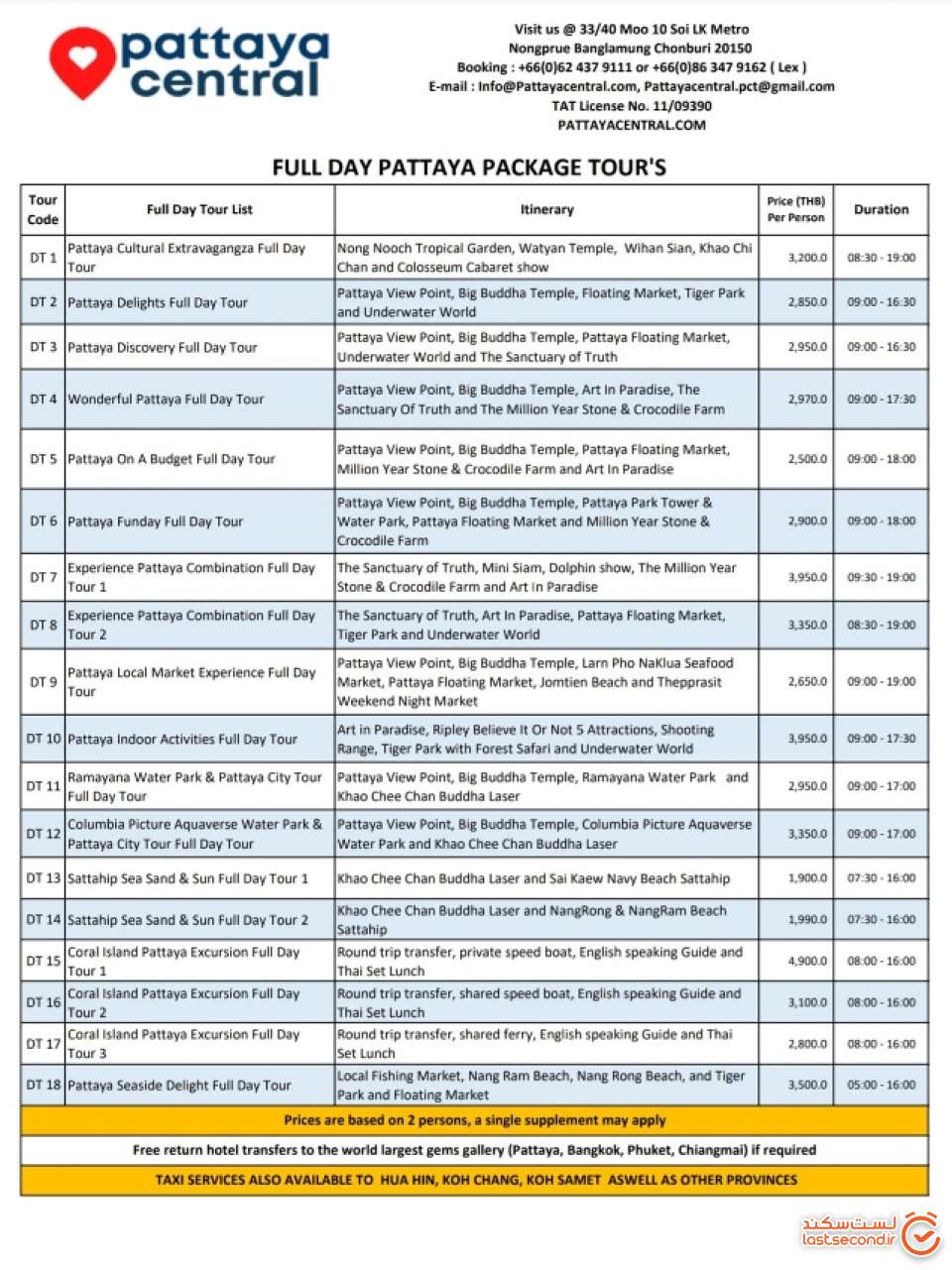 لیست قیمت کامل تورهای پاتایا
