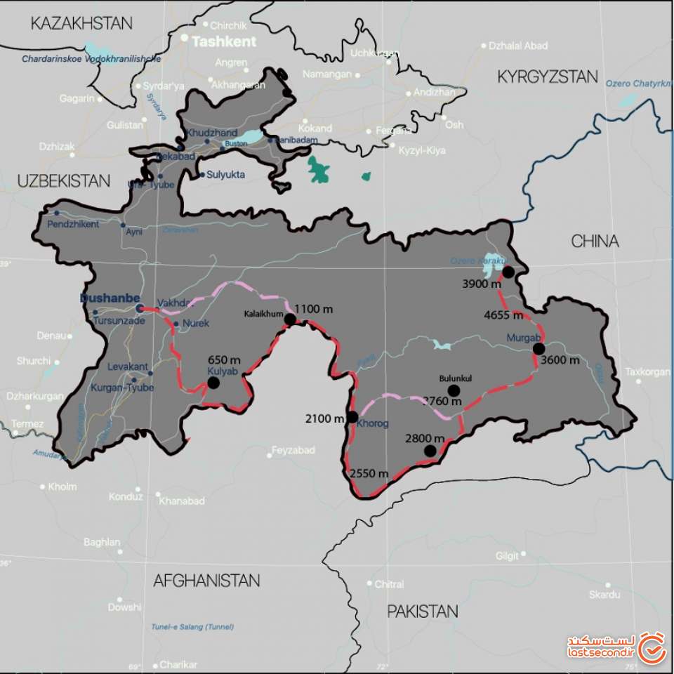 عکس 8- نقشه ی جاده ی پامیر(خط قرمز مسیر رفت و خط صورتی مسیر برگشت)